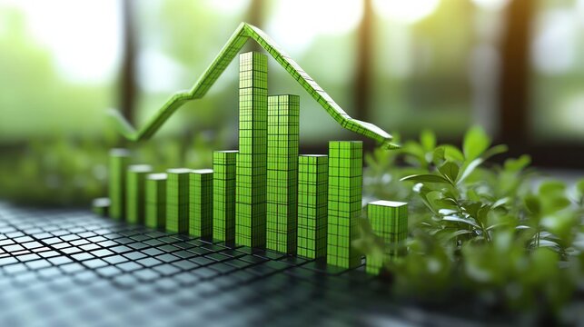 green 3d bar chart with a descending line over leafy seedlings on a dark grid and sunlit blurred background, conveying concern about environmental decline and financial risk