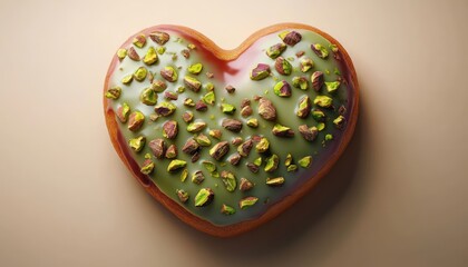 Fototapeta premium Heart shaped pastry with green glaze and pistachio toppings on a warm beige background, a romantic sweet treat