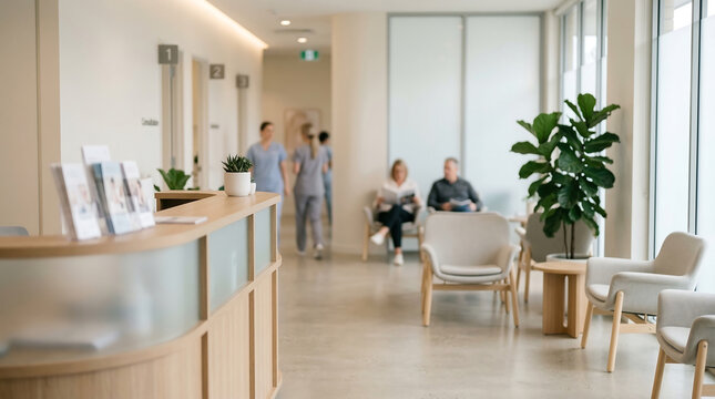 Blurred background reception area with professionals in modern healthcare waiting room