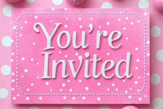 pink polka dot invitation card reading You're Invited with stitched dotted border and round polka dot decorations, cheerful celebratory mood