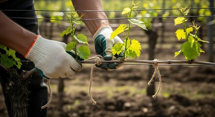 Obraz premium Hands of a person pruning a grapevine in a vineyard with gardening gloves