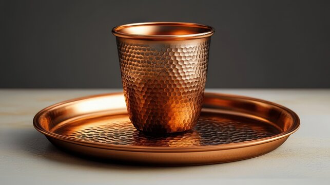 hammered copper cup resting on a matching copper tray with warm amber reflections in a calm still life scene