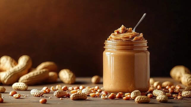 jar of creamy peanut butter with spoon surrounded by shelled and unshelled peanuts on rustic wooden table, warm cozy indulgence