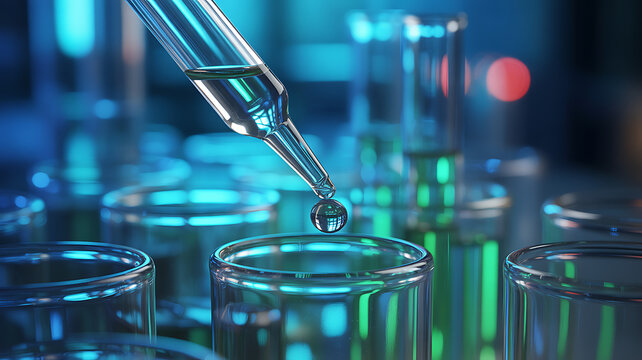 Chemical experiment in a laboratory, transparent pipette dropping liquid into a test tube, creating a beautiful and precise scientific reaction or analysis.