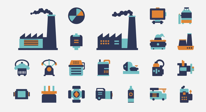 Collection of Industrial Icons and Symbols Representing Manufacturing and Production.