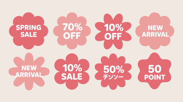 A collection of vibrant red floral shaped sale banners displays varying discount percentages and new arrival announcements high quality professional detailed modern elegant stylish clean crisp