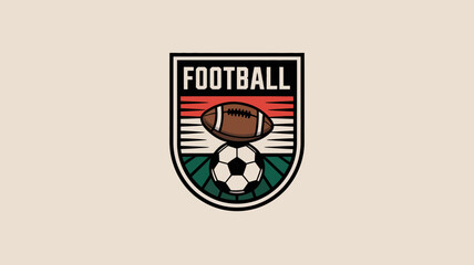 A vintage style emblem displays the word football above an illustration of an american football and a soccer ball high quality professional detailed modern elegant stylish © Peradox