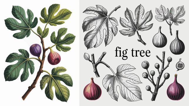 A vintage botanical illustration depicts fig tree branches leaves and ripening figs in both color and monochrome styles high quality professional detailed modern elegant stylish clean
