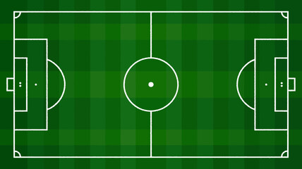 An overhead view displays a vibrant green soccer field with clearly marked white lines defining the pitch goals and center circle high quality professional detailed modern © Peradox