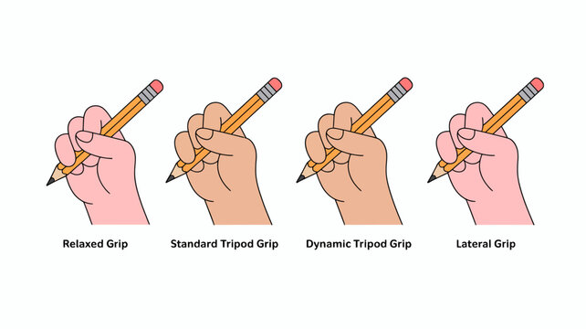 This illustration depicts four different hand positions for holding a pencil showcasing variations in grip styles for writing high quality professional detailed modern elegant stylish clean