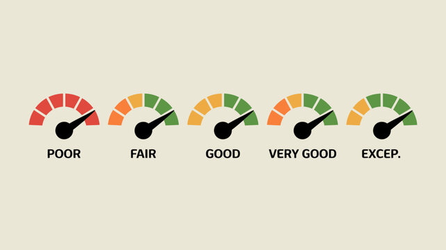 A series of five gauge indicators displays a performance scale ranging from poor to except with color coded segments high quality professional detailed modern elegant stylish