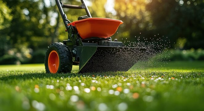 orange-hopper broadcast spreader scattering granular fertilizer across a sunlit green lawn with flying granules, evoking careful lawn maintenance and outdoor productivity