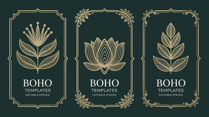 Three ornate gold toned frames display botanical illustrations with the word boho beneath suitable for templates and design elements high quality professional detailed modern elegant stylish © Peradox