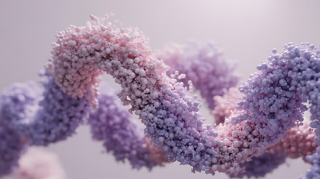 Macro view of purple and pink microscopic spheres forming twisted organic strands like biological protein chains or cellular structures on light background for healthcare.