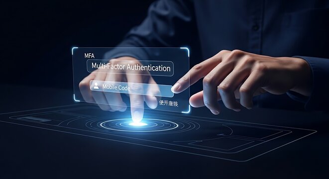 Multi-Factor Authentication (MFA) concept. An IT professional's hands configure a holographic system showing the need for a password and a mobile code to grant access.