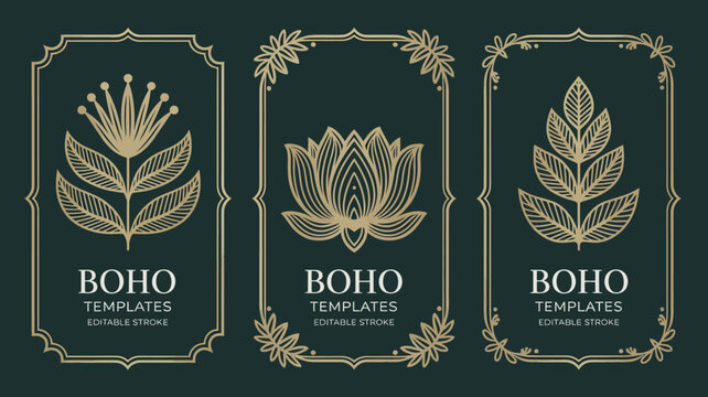 Three ornate gold toned frames display botanical illustrations with the word boho beneath suitable for templates and design elements high quality professional detailed modern elegant stylish