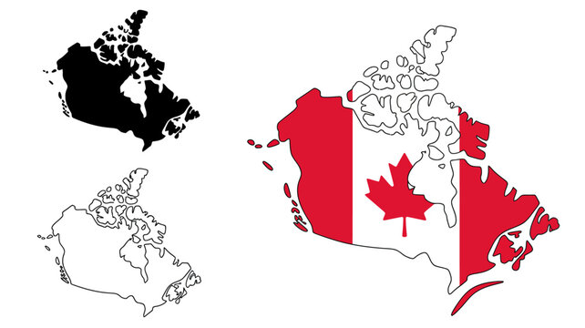 This image showcases three distinct representations of canada a solid black silhouette a white outline and a colored map high quality professional detailed modern elegant stylish