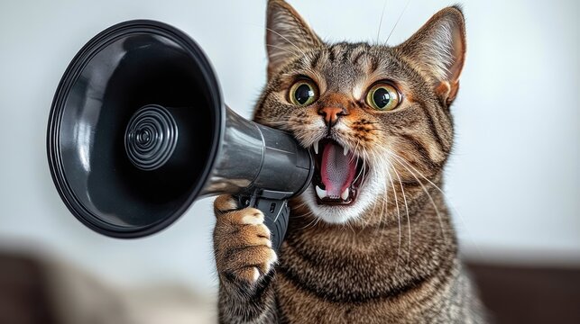 surprised tabby cat gripping a megaphone with wide eyes and open mouth, yelling energetically indoors