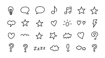 A collection of simple black and white line icons depicting various concepts like ideas communication music and emotions high quality professional detailed modern elegant stylish clean © Peradox
