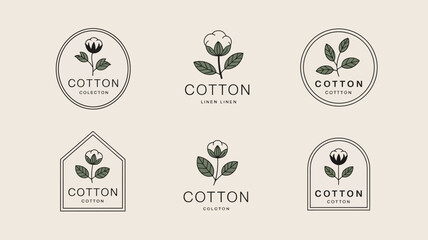 A collection of minimalist cotton themed logo designs featuring botanical illustrations and simple typography in neutral tones high quality professional detailed modern elegant stylish clean crisp © Peradox