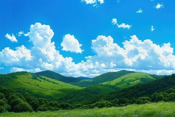 Fototapeta premium sunny rolling green hills and meadow under bright blue sky with fluffy white clouds conveying peaceful tranquil countryside