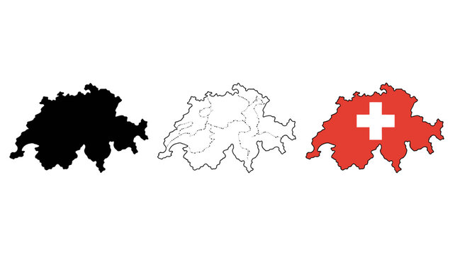 Three depictions of switzerland are shown a solid black shape a white outline and a red field with a white cross high quality professional detailed modern