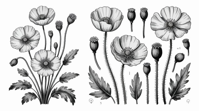 A detailed botanical illustration showcases several poppy flowers in various stages of bloom and seed pod development rendered in grayscale high quality professional modern elegant stylish