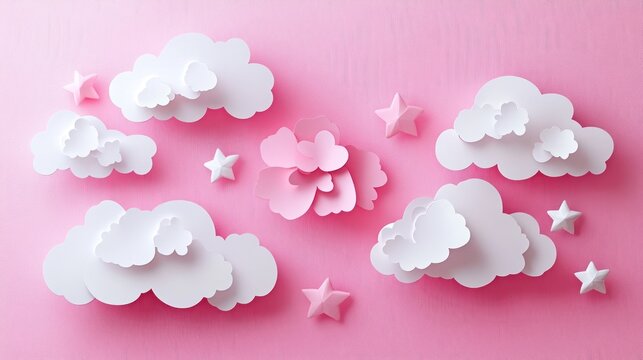 whimsical layered white paper clouds, pink paper stars and layered pink paper flowers on soft pastel pink background, dreamy playful nursery decoration