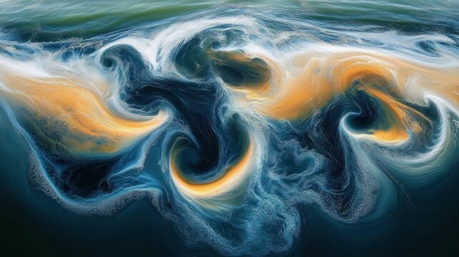 swirling teal and golden ocean currents with foamy whirlpools and dynamic turbulent flow conveying dramatic energy
