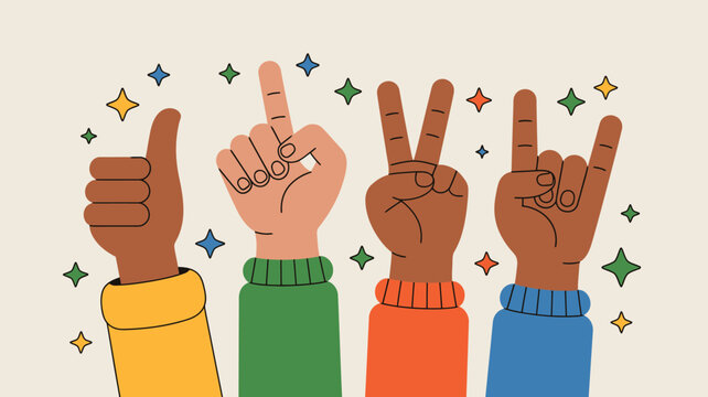An illustration depicts four diverse hands making different gestures thumbs up pointing peace sign and rock on high quality professional detailed modern elegant stylish clean crisp