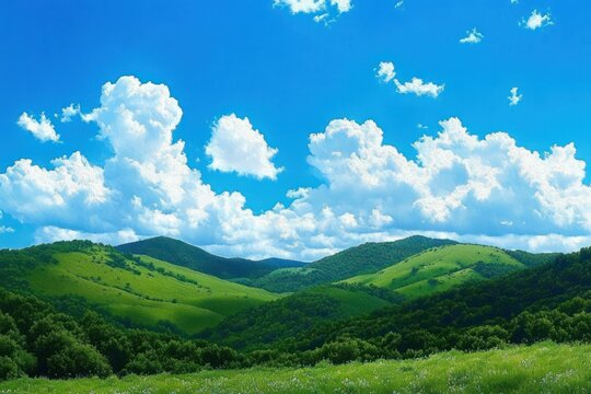 sunny rolling green hills and meadow under bright blue sky with fluffy white clouds conveying peaceful tranquil countryside