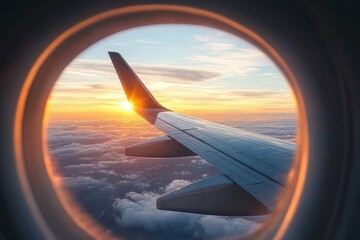 Obraz premium airplane wing framed by oval window above a sea of clouds at sunrise with a golden sunburst, calm and awe-inspiring mood