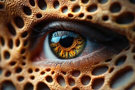 intense close-up of a human eye with golden intricate iris surrounded by porous sponge-like skin, beads and holes, eerie curious gaze