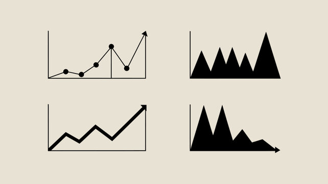 A minimalist graphic displays four distinct chart icons representing data trends growth decline and statistical analysis high quality professional detailed modern elegant stylish clean crisp vibrant