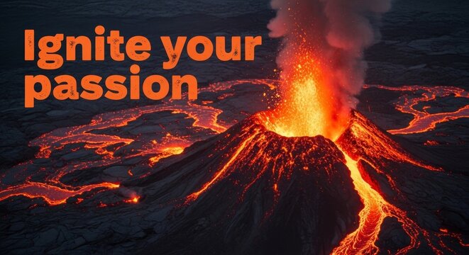 Powerful volcano erupting with molten lava and smoke