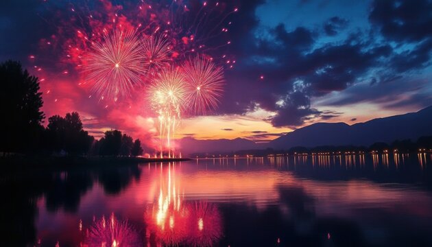Colorful fireworks bursting over a tranquil lake at sunset with silhouetted trees, distant mountains and vivid water reflections, evoking celebration and awe