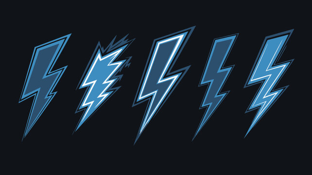 A vibrant collection of stylized lightning bolts in shades of blue against a dark solid black background is prominently displayed high quality professional detailed modern elegant