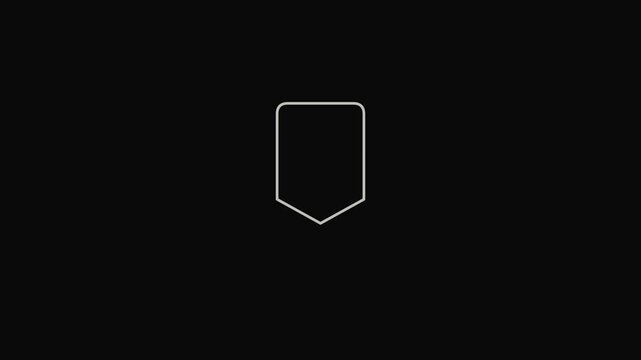 Minimalist white outline of a shield on a black and white background with a simple geometric design element.