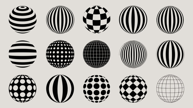 A collection of fifteen spherical optical illusions featuring varied black and white patterns creating depth and visual interest high quality professional detailed modern elegant stylish clean