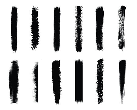 Vertical black grunge brush stroke set. Hand-drawn textured divider lines and ink sidebar elements. Long distressed paint border pack.
