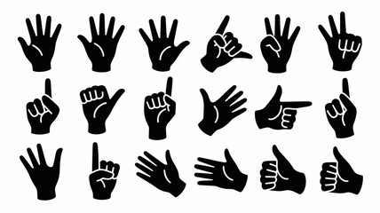 Fototapeta premium A collection of black silhouette hands displaying various hand gestures including pointing counting and sign language symbols high quality professional detailed modern elegant stylish clean crisp