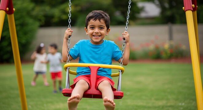 Joyful Young Boy Grinning on a Bright Yellow Swing Set in a Sunny Backyard Playground.