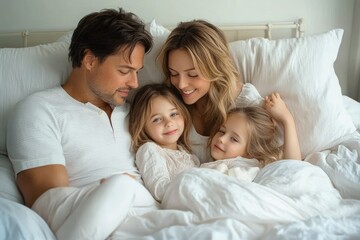 Fototapeta premium Cozy family moment with two parents and two young children cuddling together under soft white bedding, warm affectionate morning intimacy and comforting home calm