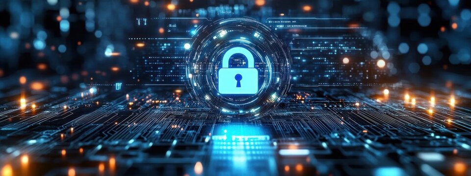 glowing blue digital padlock centered in a circular holographic interface above a dark circuit board with orange and blue lights, conveying futuristic security and protection