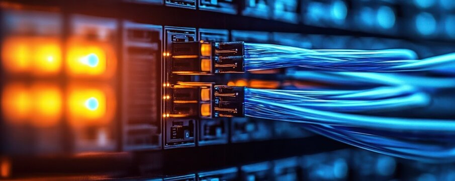Close-up of blue fiber optic network cables plugged into server ports with glowing amber status lights conveying dynamic high-tech connectivity and speed