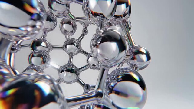 C60 molecule structure, detailed 3D metallic buckyball model with reflective spheres and hexagonal lattice, rotating slowly on a gray gradient background, symbolizing nanotechnology and advanced