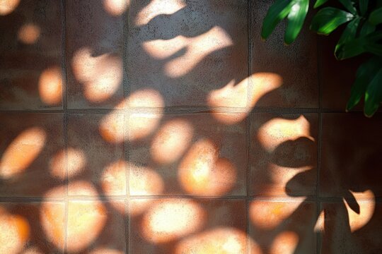 Warm dappled sunlight and leaf shadows on terracotta tiled floor, serene sunlit corner