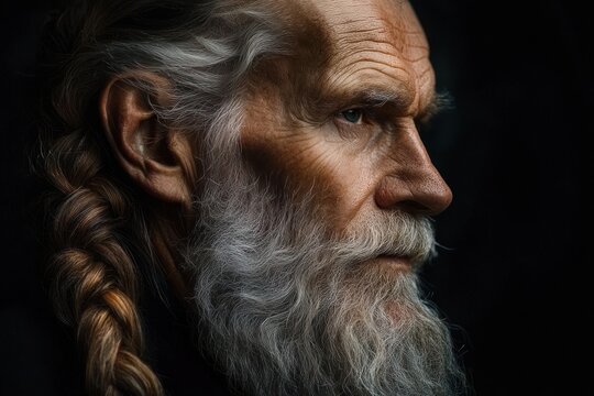 close-up profile of an elderly person with a long braided grey hair and beard, contemplative reflective mood