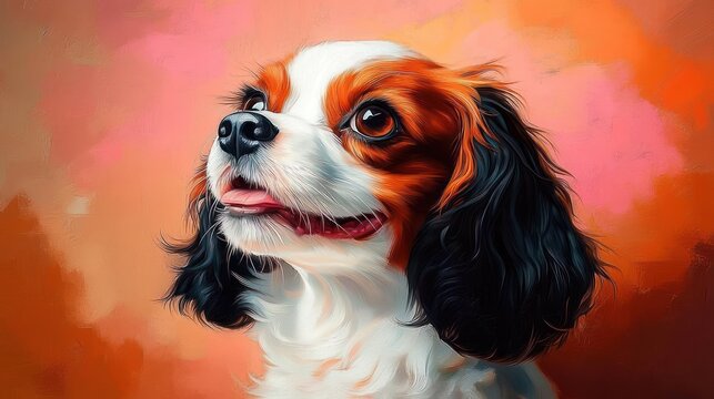 tricolored spaniel portrait gazing upward with tongue out against warm pink and orange painted background, joyful hopeful expression