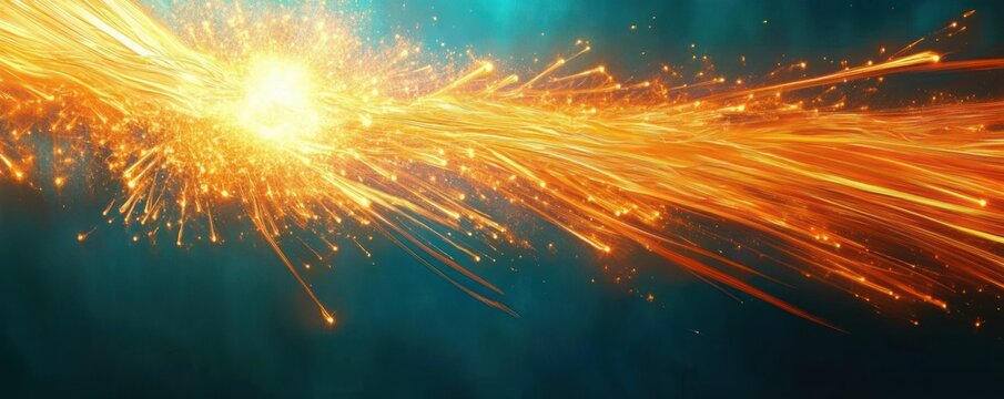 Intense welding sparks burst from a bright arc with orange streaks and flying embers against a blue-green background, conveying heat and motion